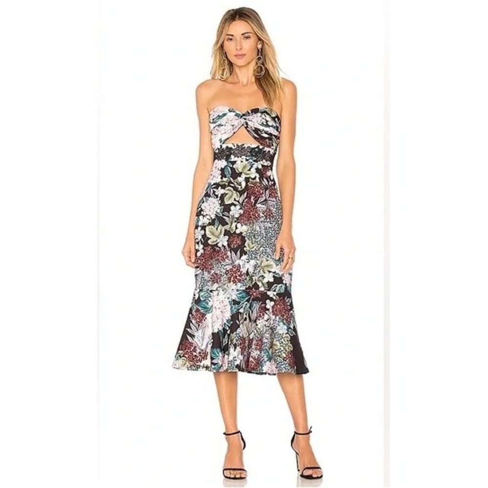 KEEPSAKE the Label Floral Cutout Midi Dress in Black and Multi